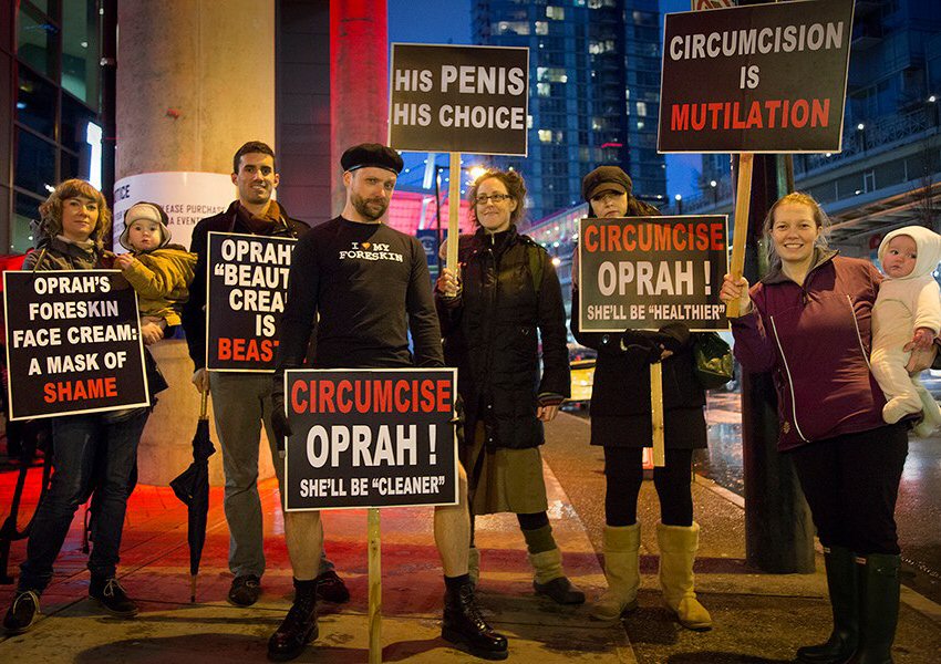 Demonstration against Oprah Winfrey's endoresment of foreskin-based cosmetics Demonstration against Oprah Winfrey's endoresment of foreskin-based cosmetics