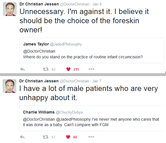 quotation- Dr Christian Jessen ''against it, should be choice of owner' and "I have many male patients very unhappy about it